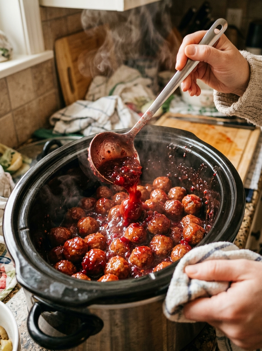 Active cooking action shot ladle tossing steaming meatballs in thick bubbling ruby-red cranberry glaze inside slow cooker