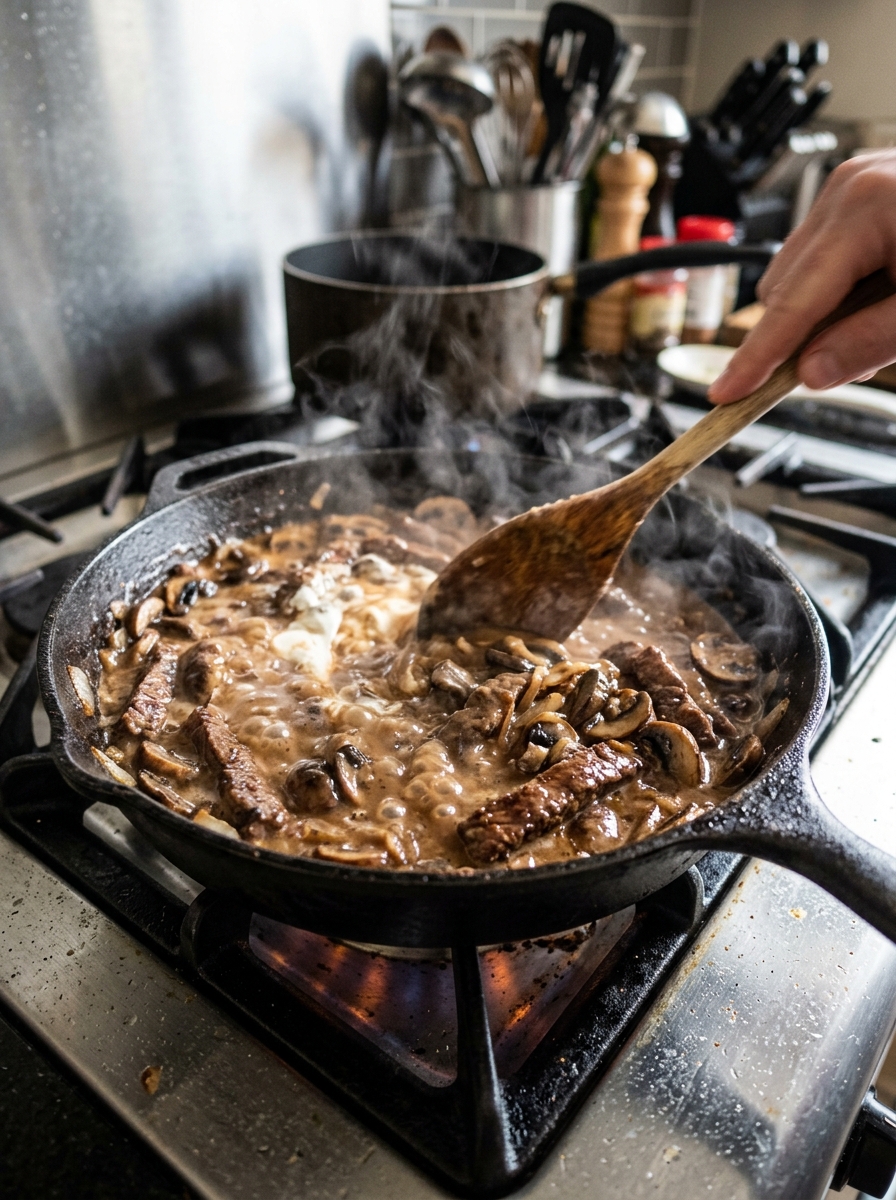 Active cooking action shot of stirring mushrooms, onions, and seared beef in a sizzling skillet as savory gravy simmers