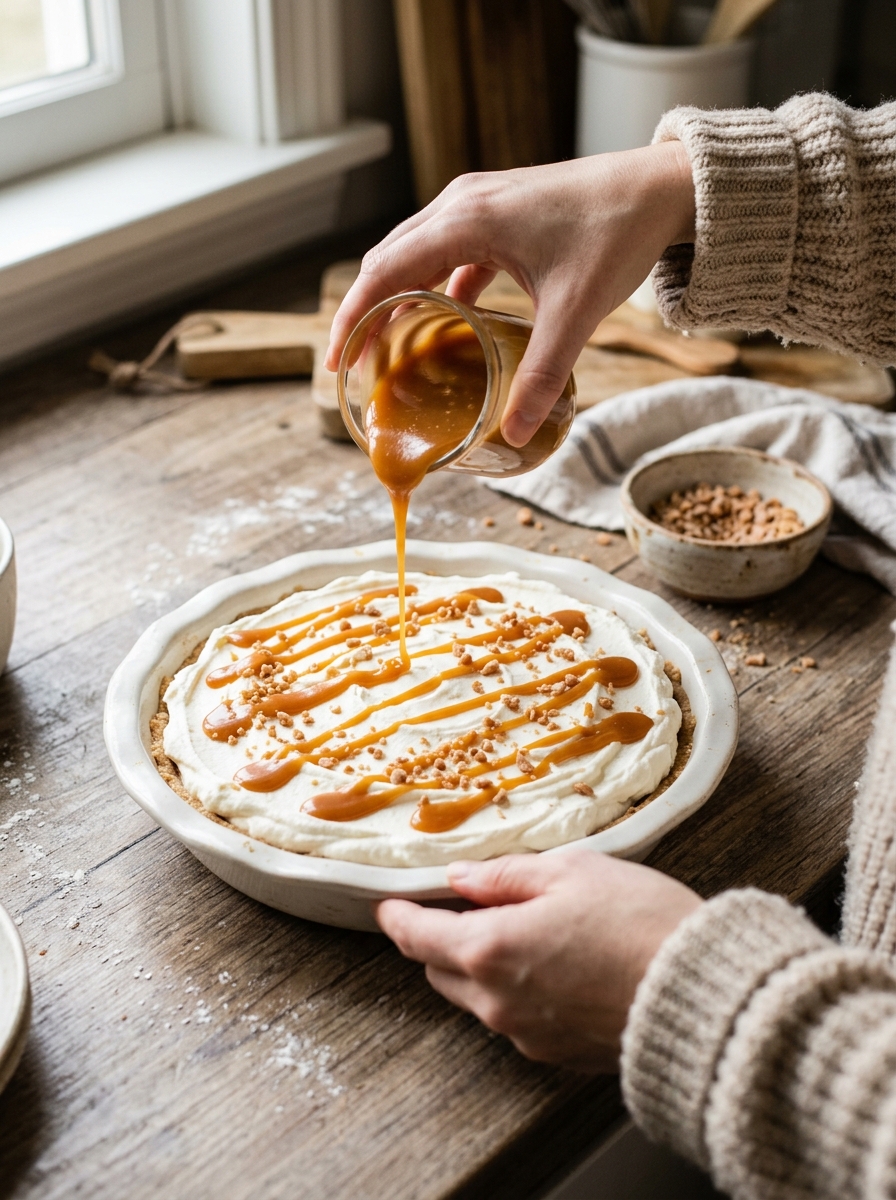 Active culinary action shot of pouring thick golden caramel sauce over fluffy whipped cream cheese in a ceramic pie dish