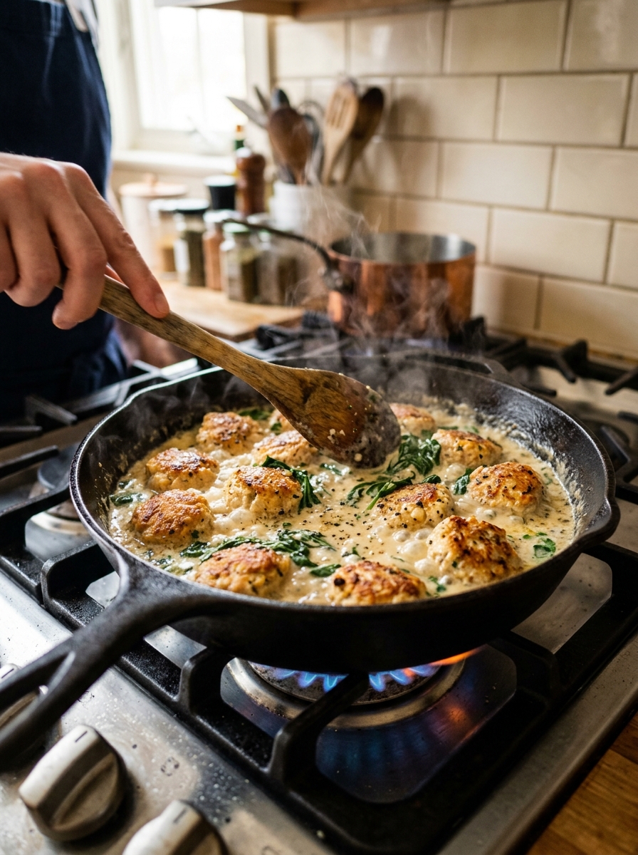 Cooking action shot showing golden seared chicken meatballs being stirred in simmering garlic parmesan sauce in skillet
