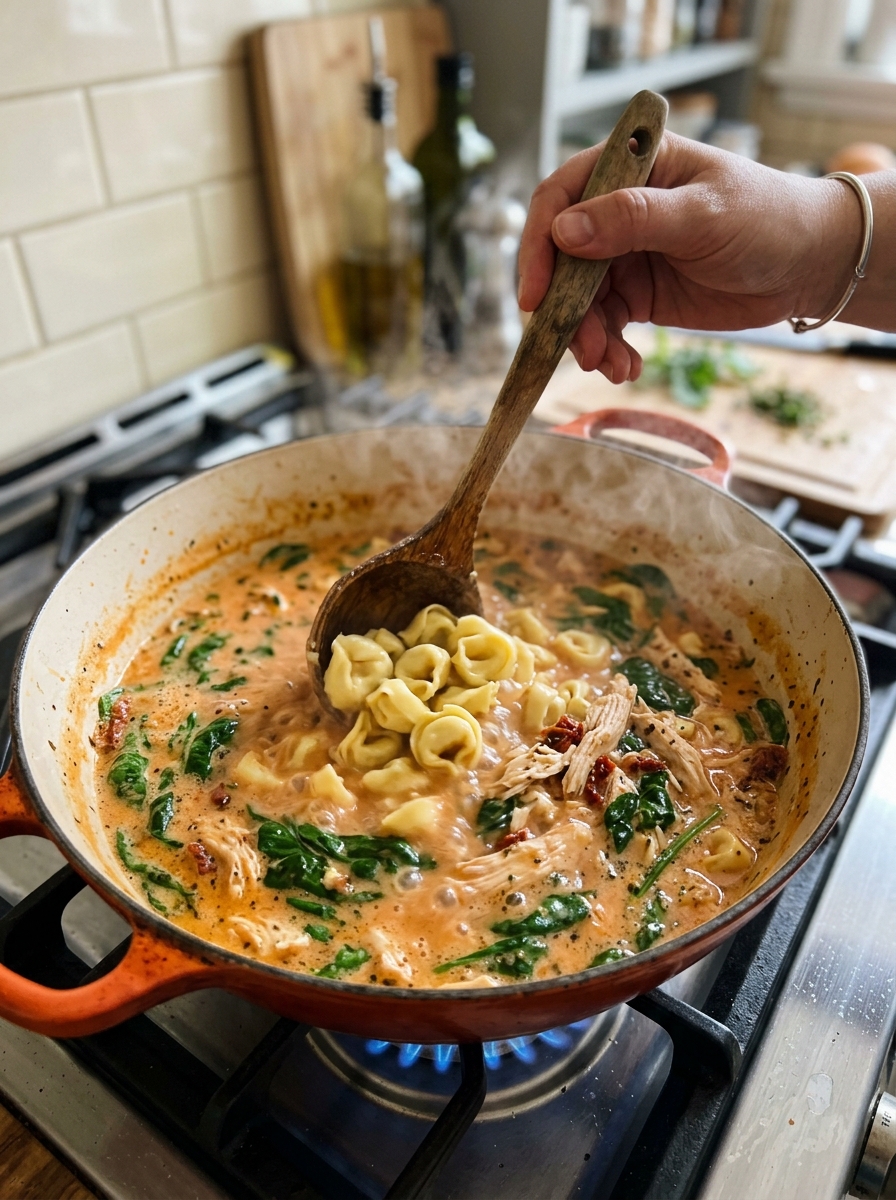 Cooking action shot showing fresh cheese tortellini being stirred into simmering sun-dried tomato cream broth in Dutch oven