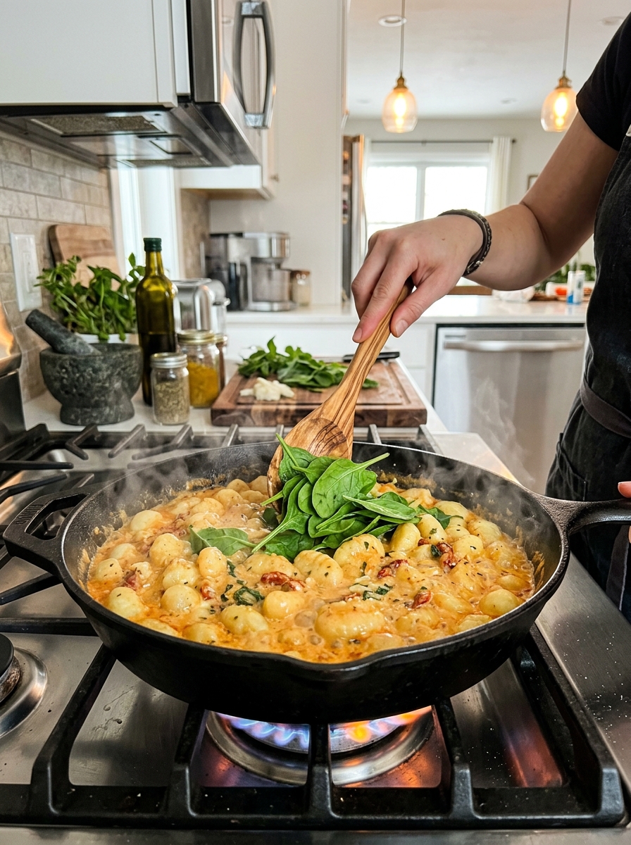 Active cooking action shot of simmering potato gnocchi in creamy sun-dried tomato garlic sauce in a cast iron skillet on a stovetop with fresh spinach being folded in