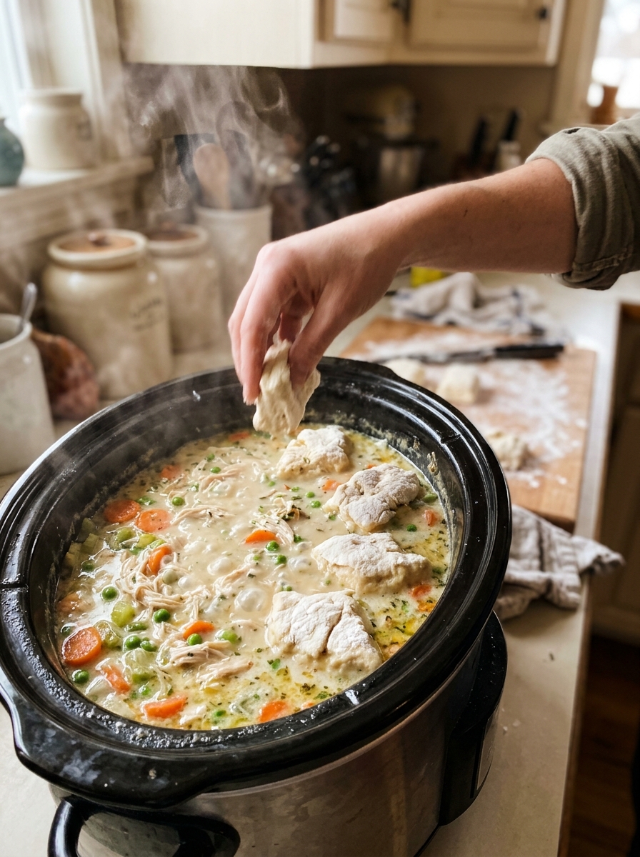 Dropping cut flour-dusted biscuit dough pieces into bubbling shredded chicken stew in slow cooker