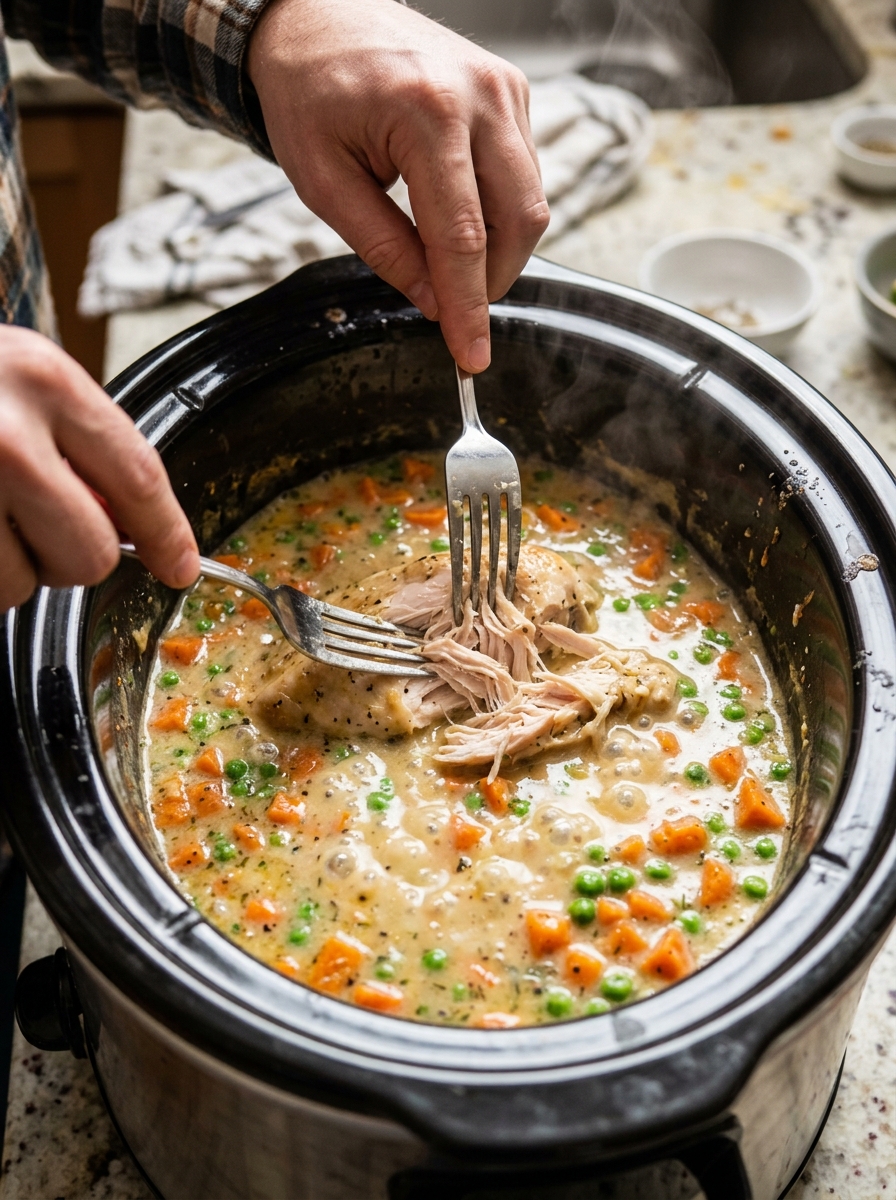 Active cooking action shot: shredding tender chicken breast inside the bubbling slow cooker chicken pot pie gravy