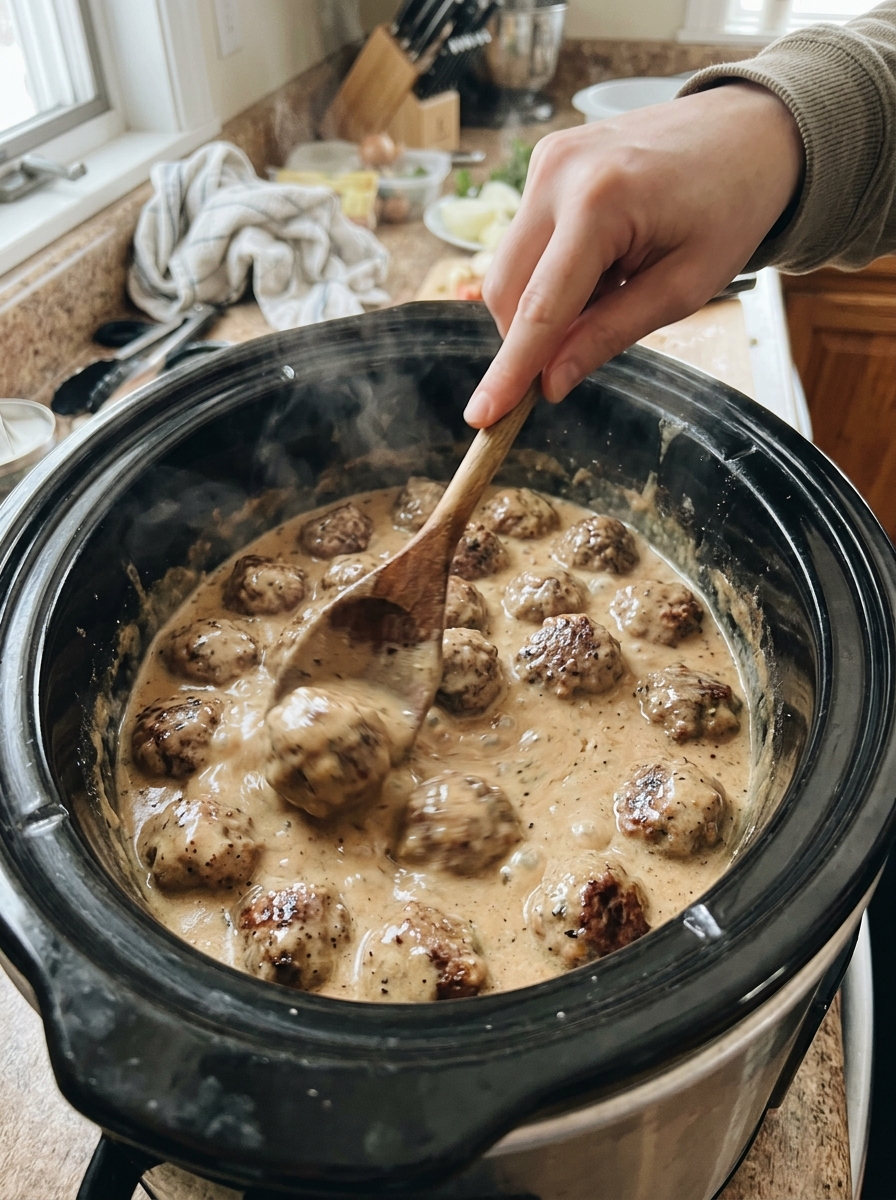Active cooking action shot: stirring Swedish meatballs in a slow cooker crock with creamy gravy swirling