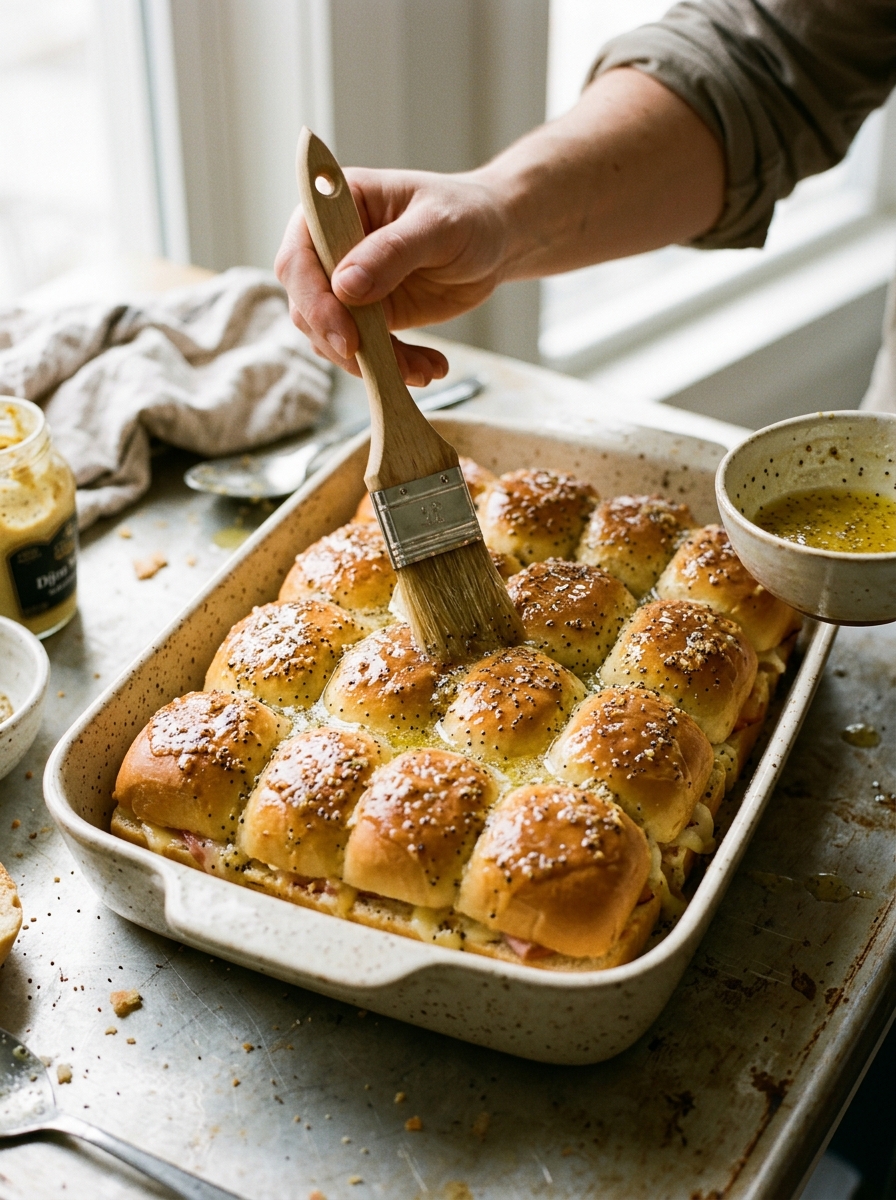 Active cooking action shot brushing glossy Dijon poppy seed butter glaze across assembled Hawaiian roll sliders