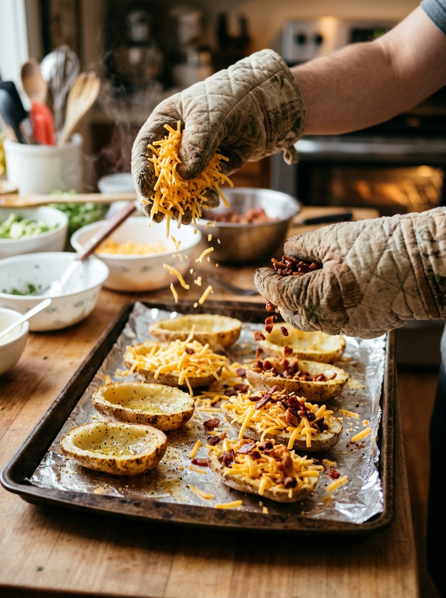 Active cooking action shot generously loading freshly shredded cheddar cheese and sizzling bacon bits into crispy potato skins