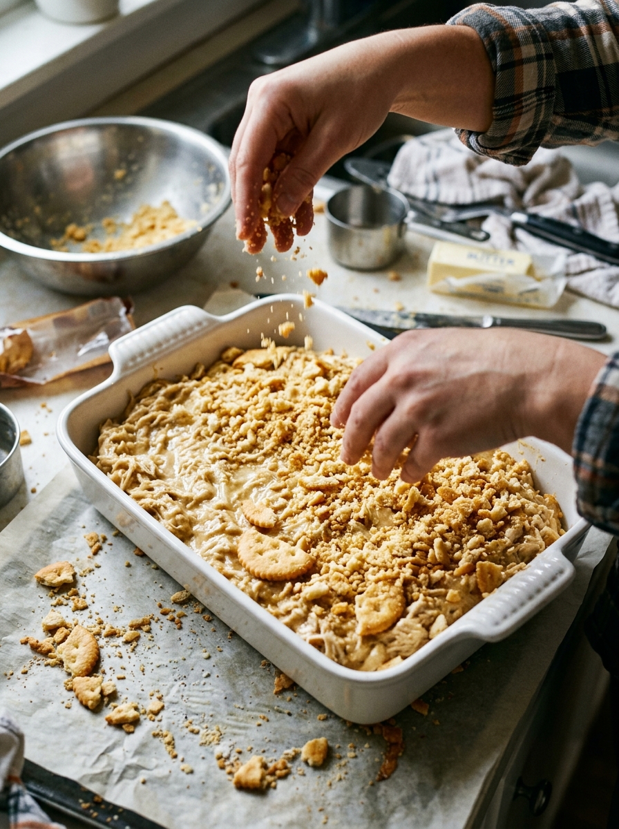 Active cooking action shot spreading creamy chicken into a baking dish and scattering buttery crushed Ritz crackers