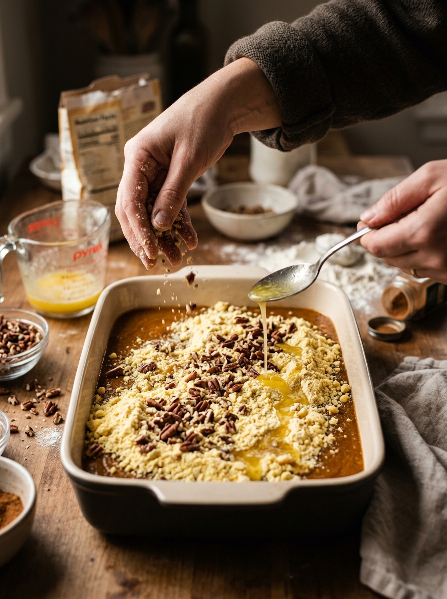 Scattering yellow cake mix and chopped pecans over spiced pumpkin custard and drizzling with melted butter