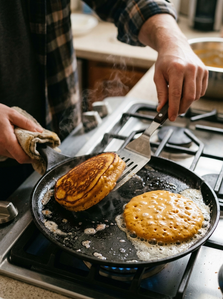 Active cooking action shot spatula flipping a thick golden-brown pumpkin pancake over in sizzling butter on cast-iron griddle