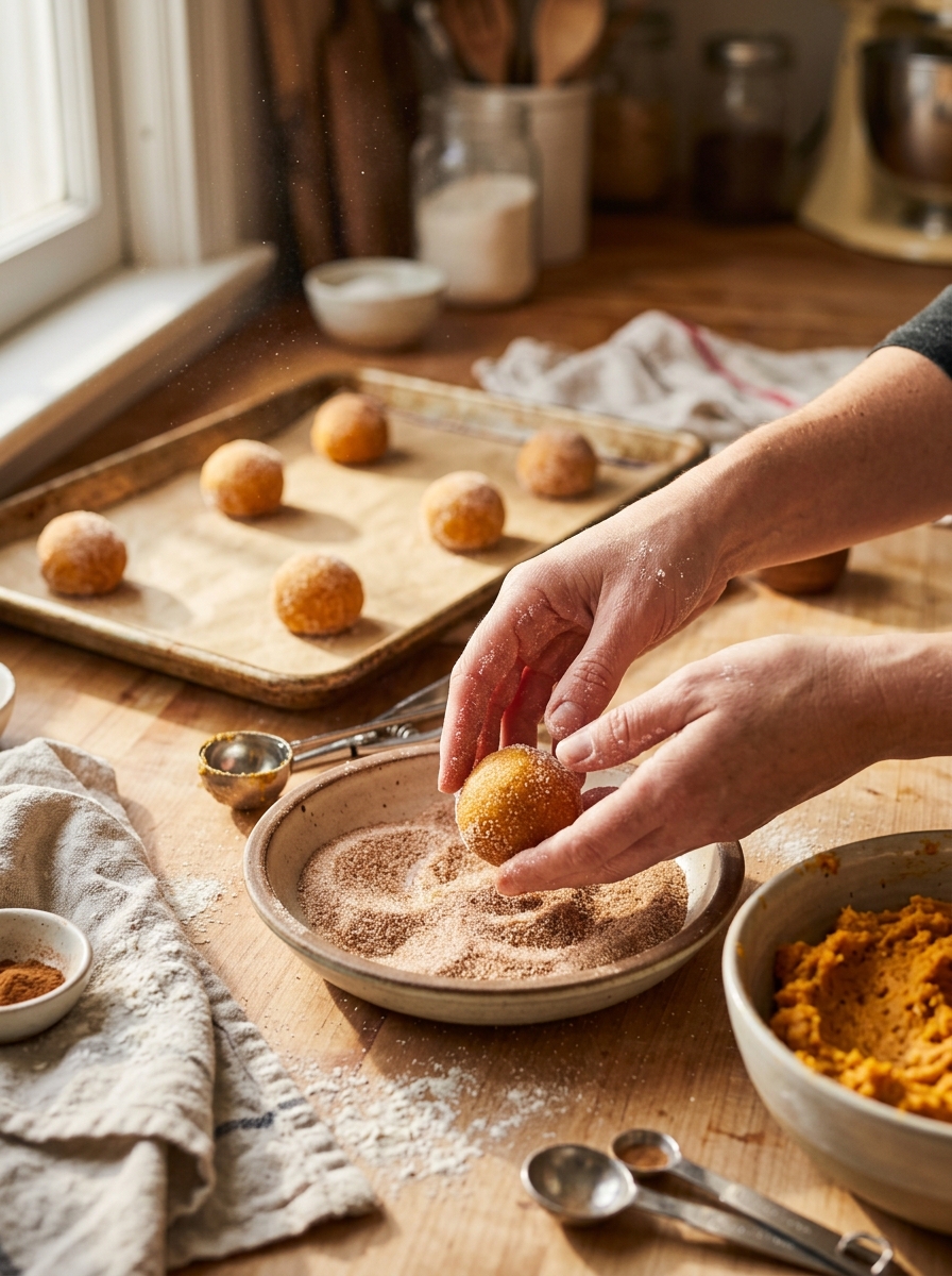 Active baking action shot rolling smooth pumpkin cookie dough ball generously in glistening cinnamon sugar bowl