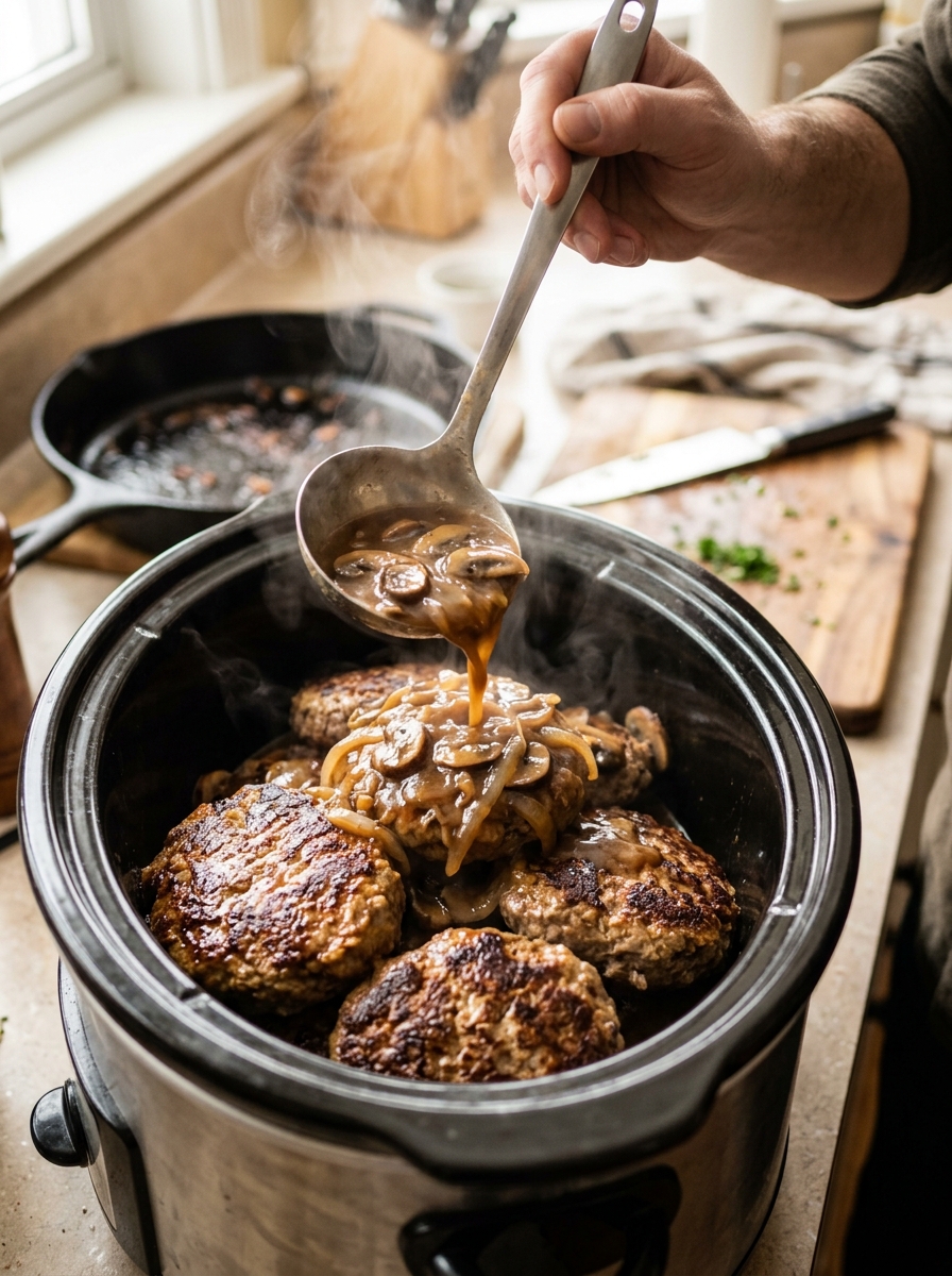 Arranging seared Salisbury steak patties in slow cooker crockpot and ladling rich mushroom onion gravy over the top