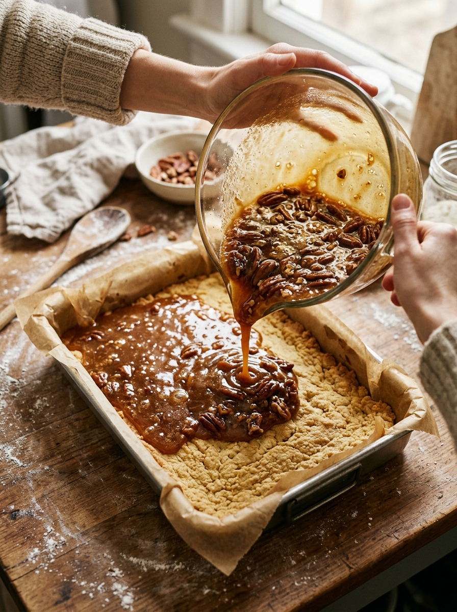 Active baking action shot of pouring glossy bubbling brown sugar pecan caramel mixture over pre-baked golden shortbread crust