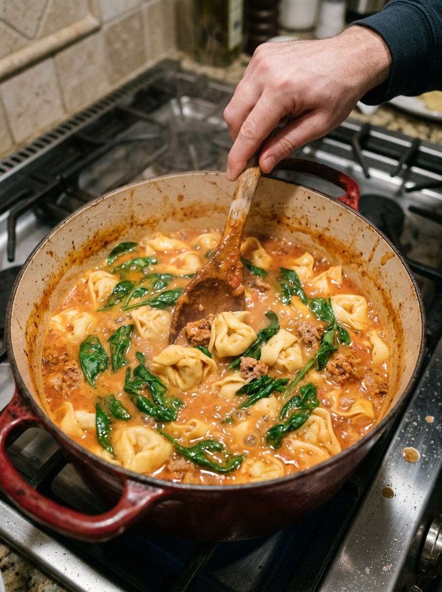 Active cooking action shot stirring fresh baby spinach and tender tortellini into bubbling creamy tomato sausage soup in a pot