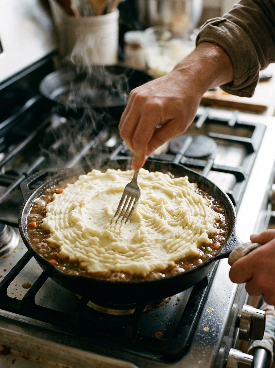 Active cooking action shot fork crimping decorative peaks into fluffy mashed potatoes over bubbling beef filling in a skillet