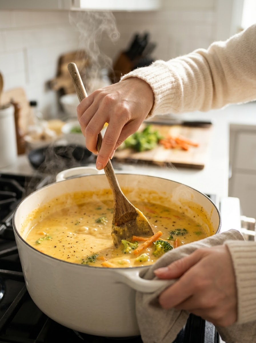 Active cooking action shot: stirring melting cream cheese and sour cream into bubbling shredded chicken chili in slow cooker