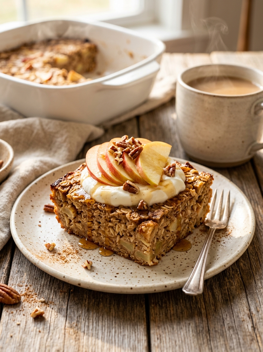 Warm thick square slice of apple cinnamon baked oatmeal with Greek yogurt, fresh apple slices, pecans, and maple syrup on ceramic plate