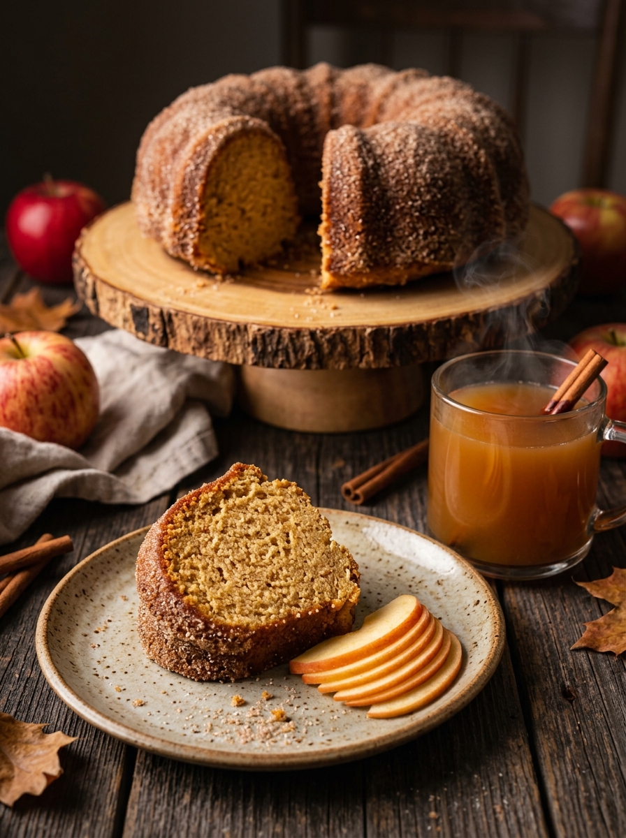 Finished culinary presentation of sliced apple cider donut cake on plate with fresh apple slices and hot spiced cider