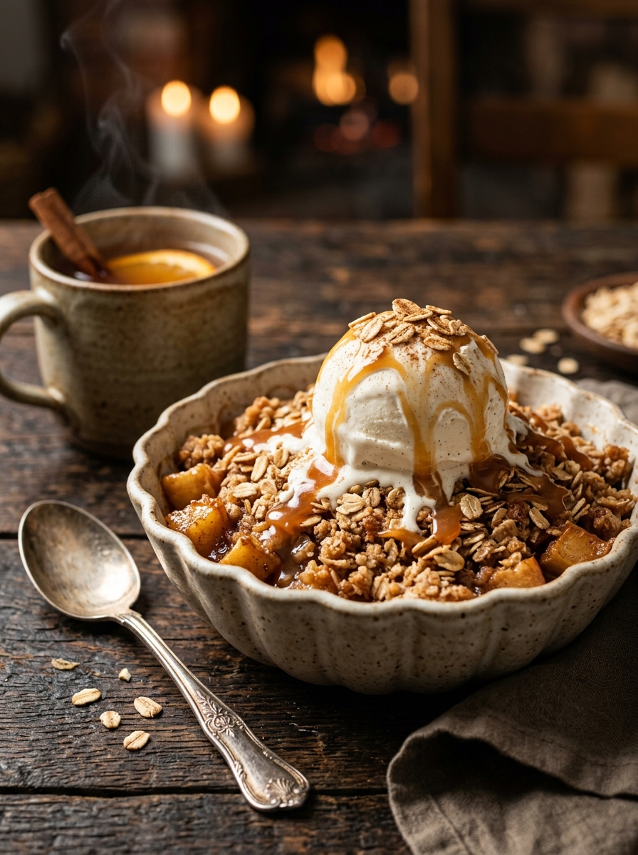 Finished culinary presentation of warm apple crisp served with melting vanilla ice cream and caramel drizzle
