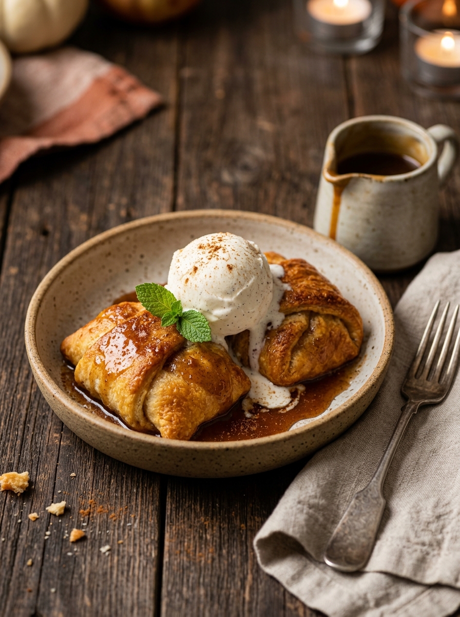 Warm crescent roll apple dumplings in dessert bowl with melting vanilla ice cream, cinnamon dusting, and sauce pitcher on wooden table