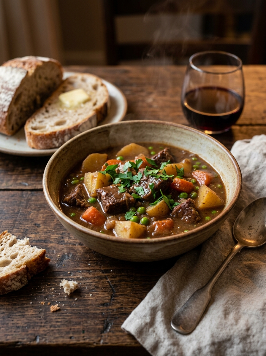 Hearty bowl of classic slow cooker beef stew with crusty sourdough bread, butter, red wine, and vintage spoon on wood table