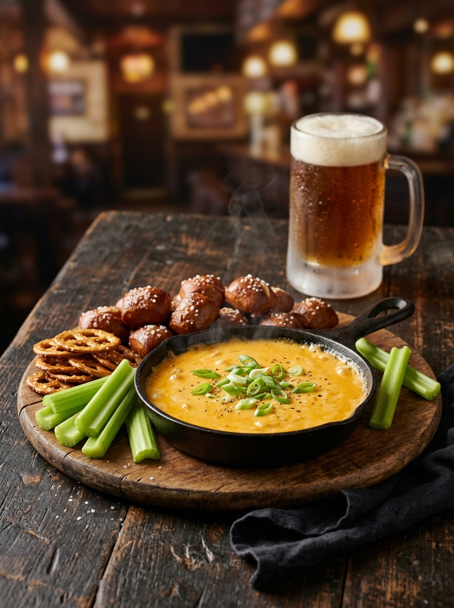 Cast iron skillet of warm pub beer cheese dip with warm soft pretzel bites, pretzel crisps, and celery sticks on tavern table