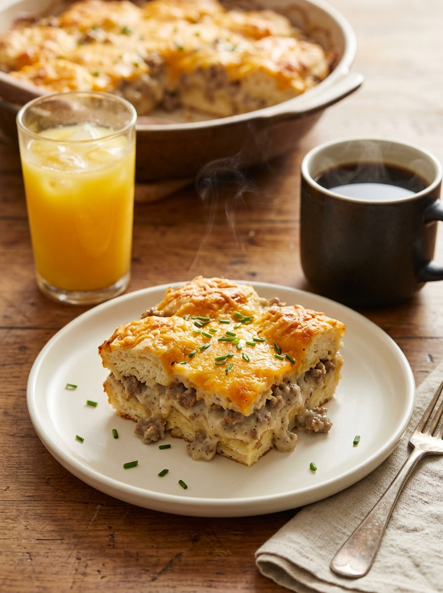 Plated serving of overnight biscuits and gravy breakfast casserole with fresh orange juice and coffee on morning table