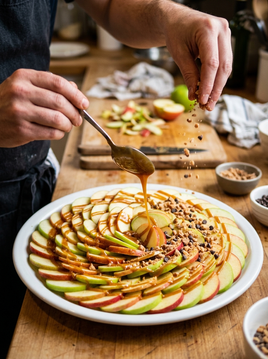 Finished platter of loaded caramel apple nachos on an autumn party table with napkins and decorative pumpkins