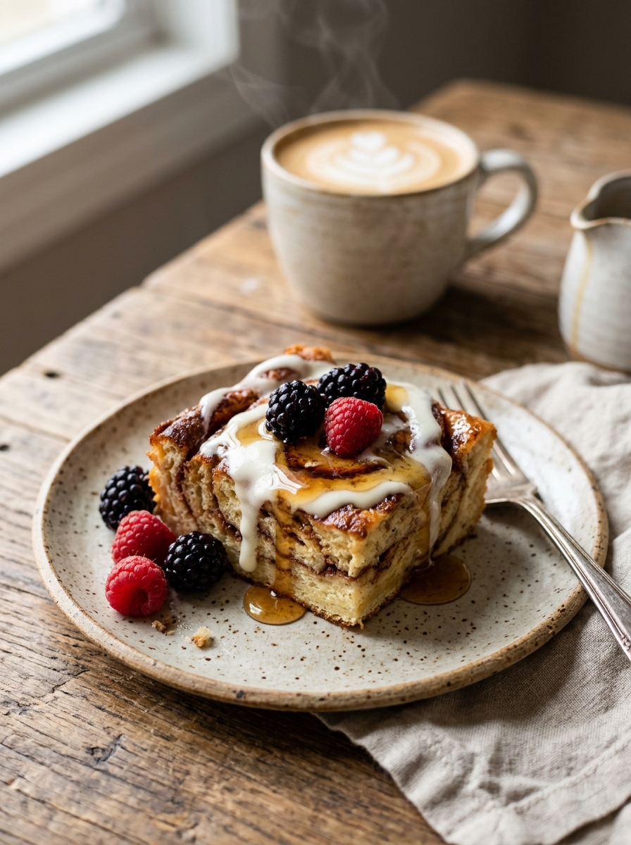 Plated square of Cinnamon Roll French Toast Casserole with cream cheese glaze, maple syrup, fresh berries, and latte