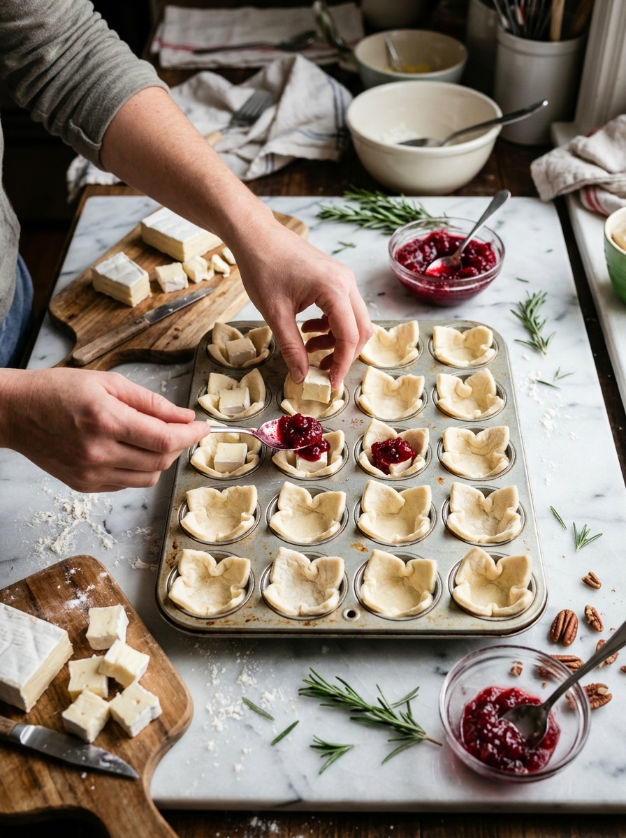Finished culinary presentation of baked Cranberry Brie Bites arranged on a festive serving platter with Prosecco