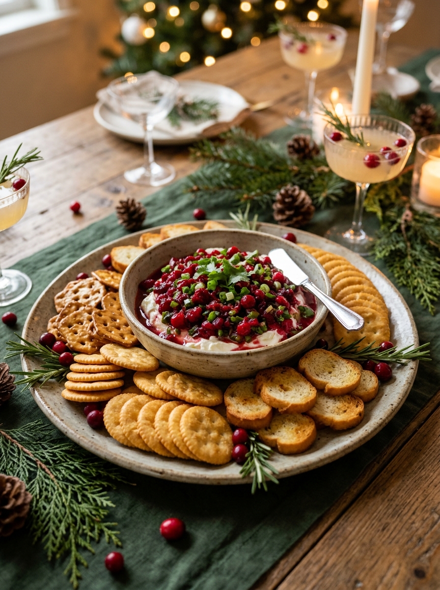 Holiday appetizer platter of Cranberry Jalapeno Dip surrounded by crackers and holiday cocktails
