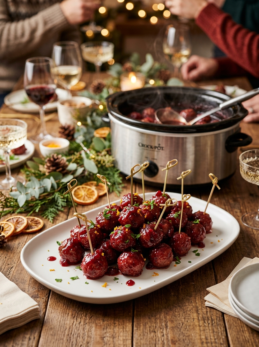 Appetizer platter of glazed cranberry cocktail meatballs with cocktail picks, parsley garnish, slow cooker, and holiday table