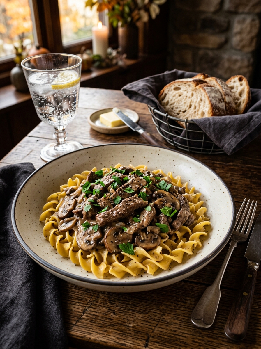 Finished restaurant presentation of creamy beef stroganoff served over buttered egg noodles in ceramic bowl with warm crusty bread