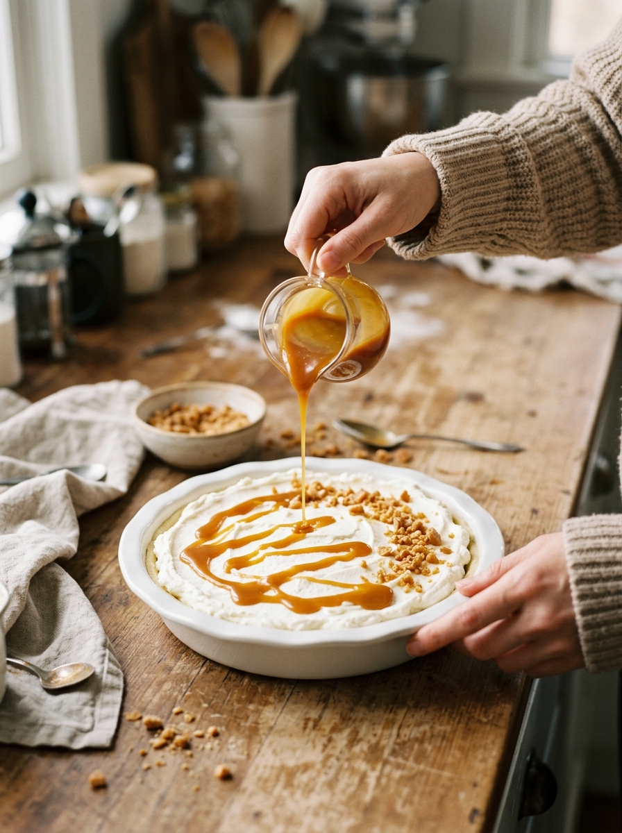 Finished party presentation of creamy caramel apple dip on round wooden board with fresh apple fan, pretzels, and sparkling cider