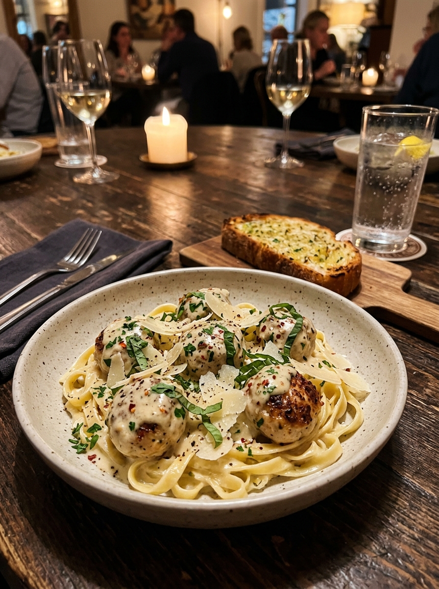 Restaurant-style plated dish of creamy garlic parmesan chicken meatballs over pasta with crusty bread