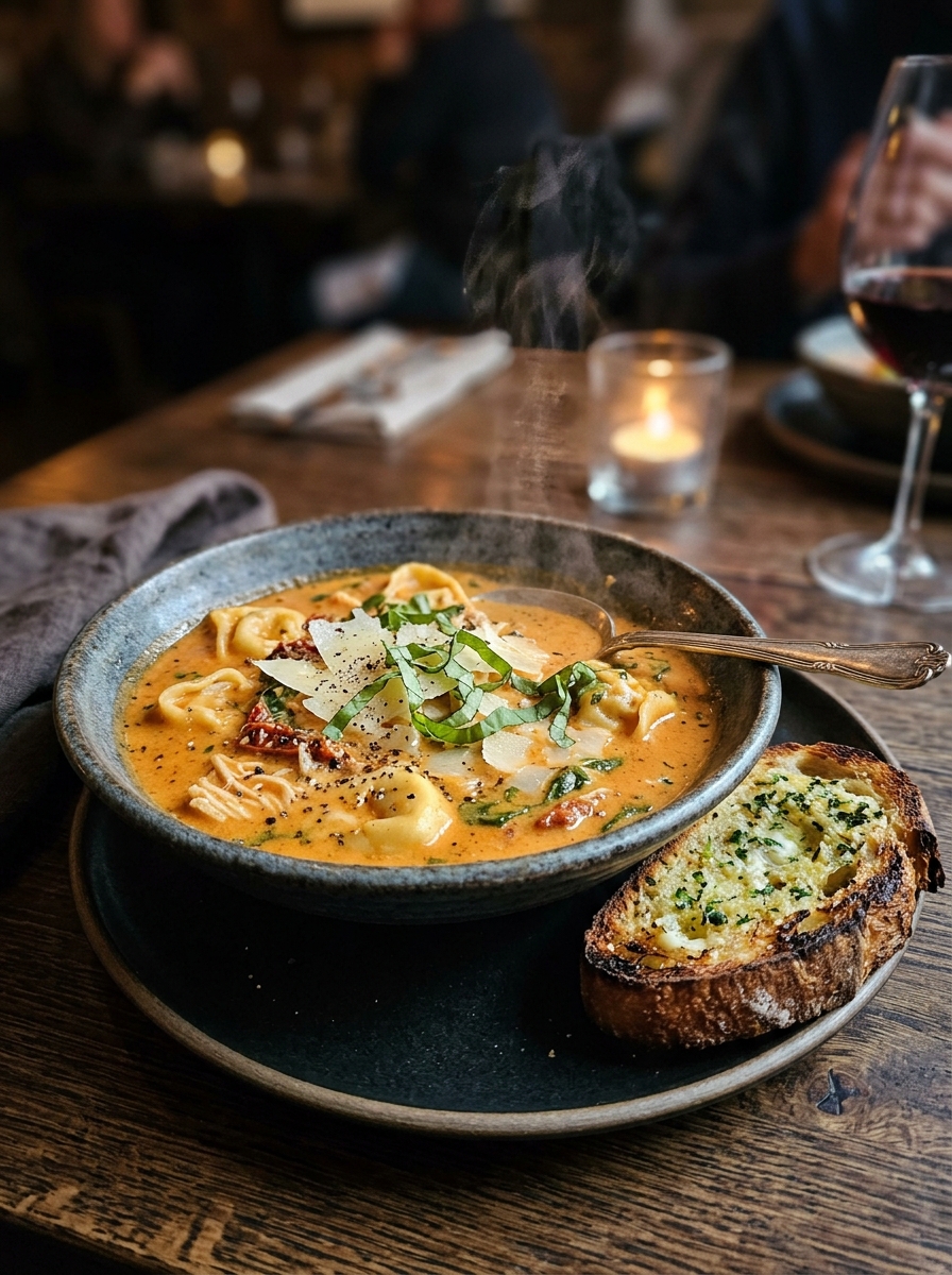 Restaurant-style plated dish of creamy Marry Me chicken tortellini soup with fresh basil and crusty garlic bread