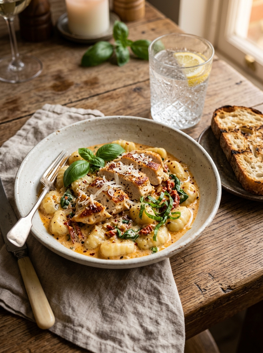 Finished presentation of creamy tuscan garlic chicken and gnocchi served with grilled sourdough bread and lemon water
