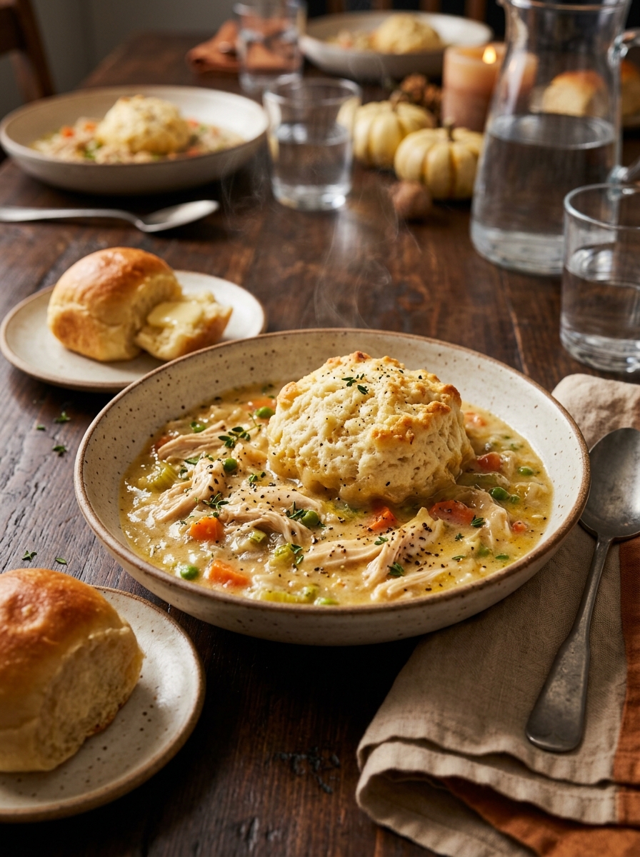 Steaming bowl of Crockpot Chicken and Dumplings garnished with thyme with crusty bread on table