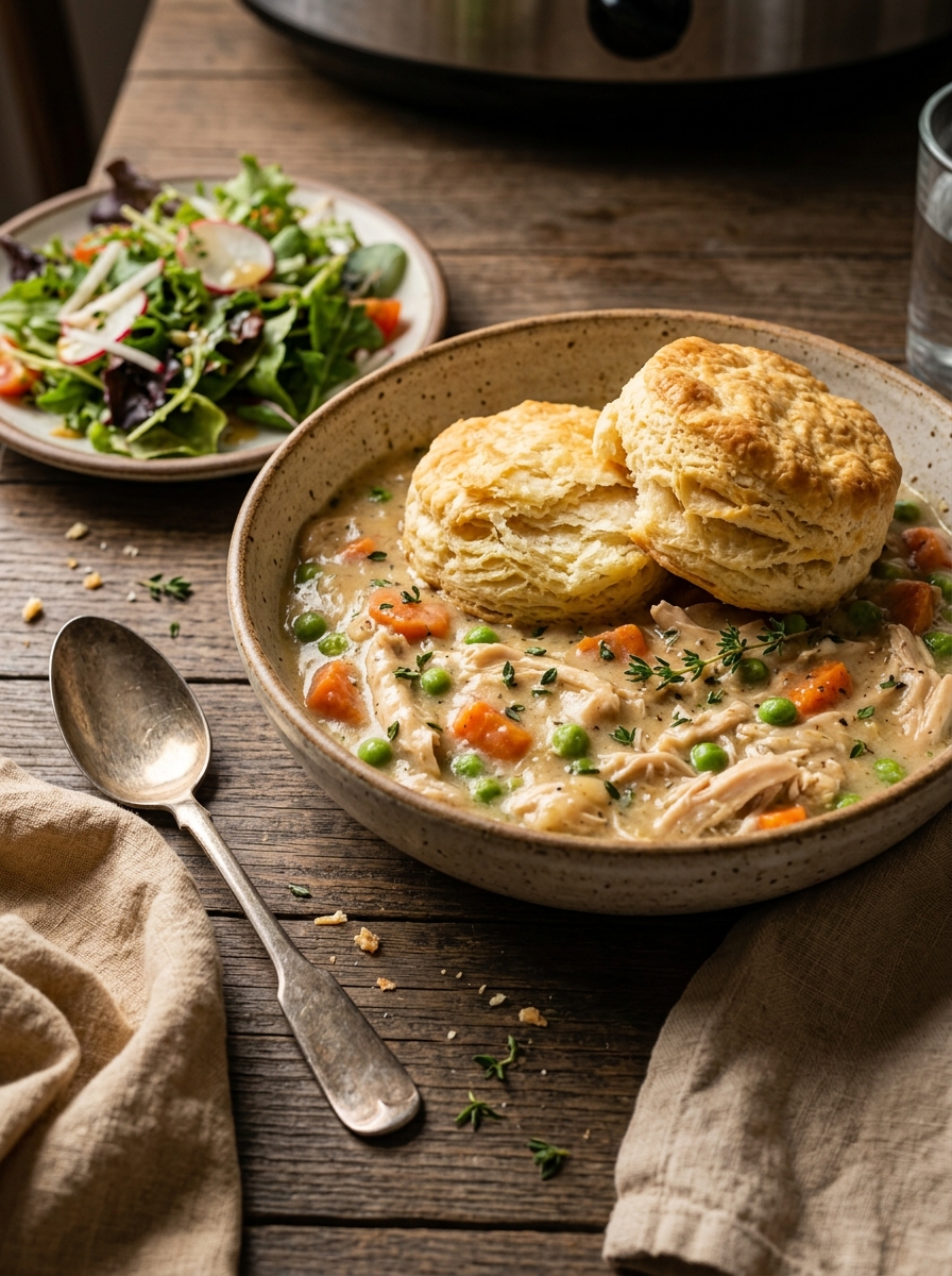 Finished culinary presentation of Crockpot Chicken Pot Pie in a ceramic bowl topped with golden flaky buttermilk biscuits