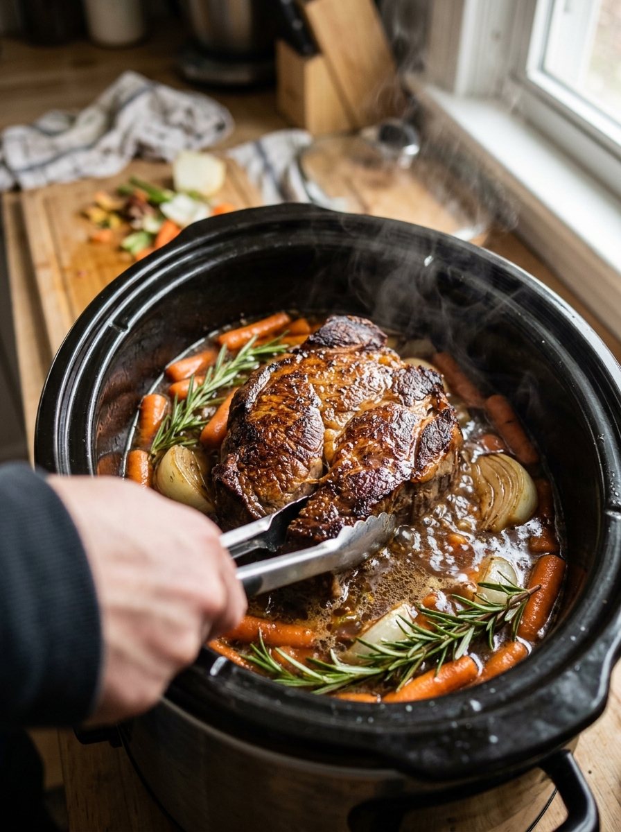 Finished culinary presentation of fork-tender slow cooker pot roast served over creamy mashed potatoes with glazed carrots and dinner rolls