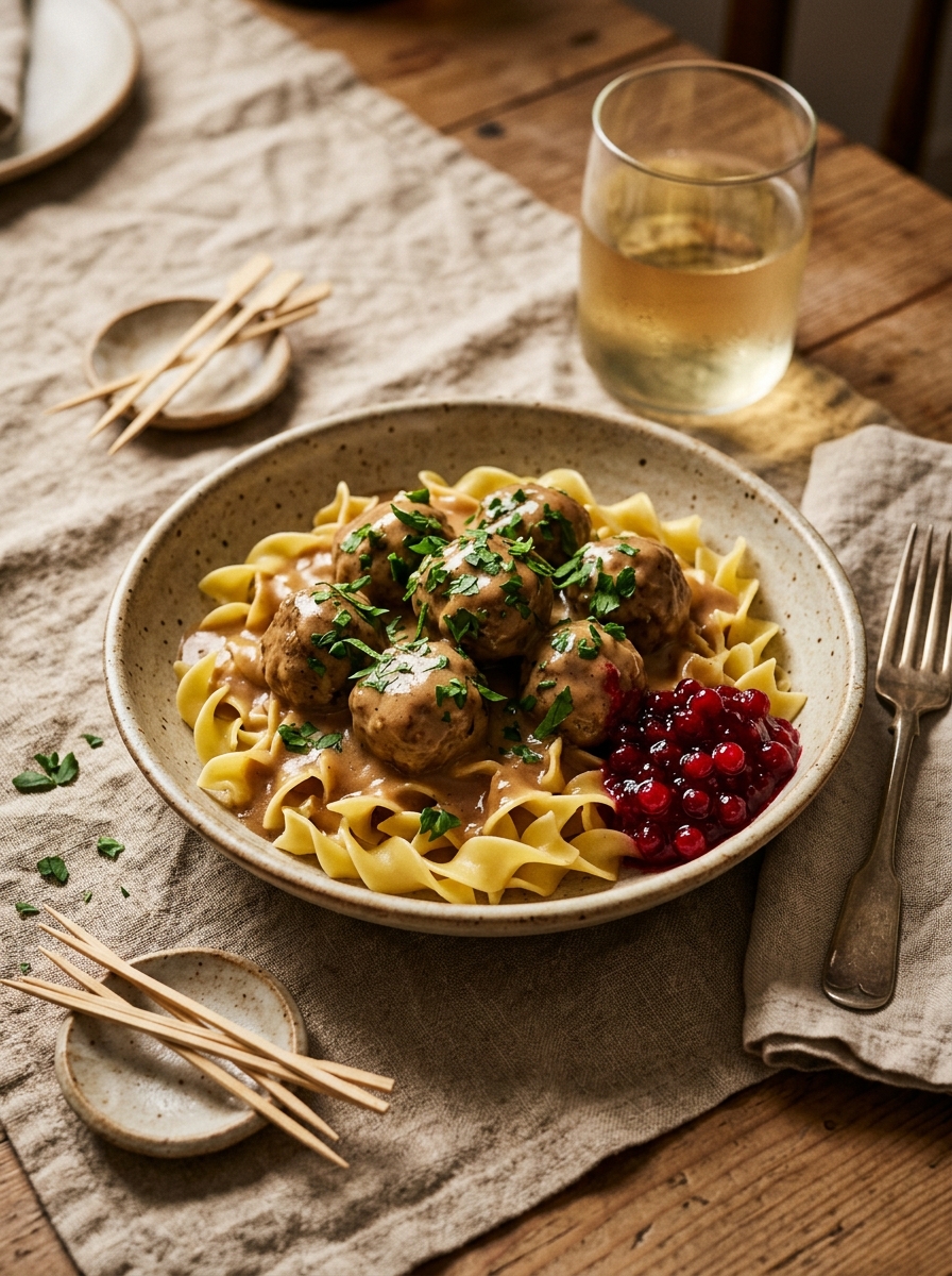 Finished culinary presentation of Crockpot Swedish Meatballs served over buttered egg noodles with lingonberry jam