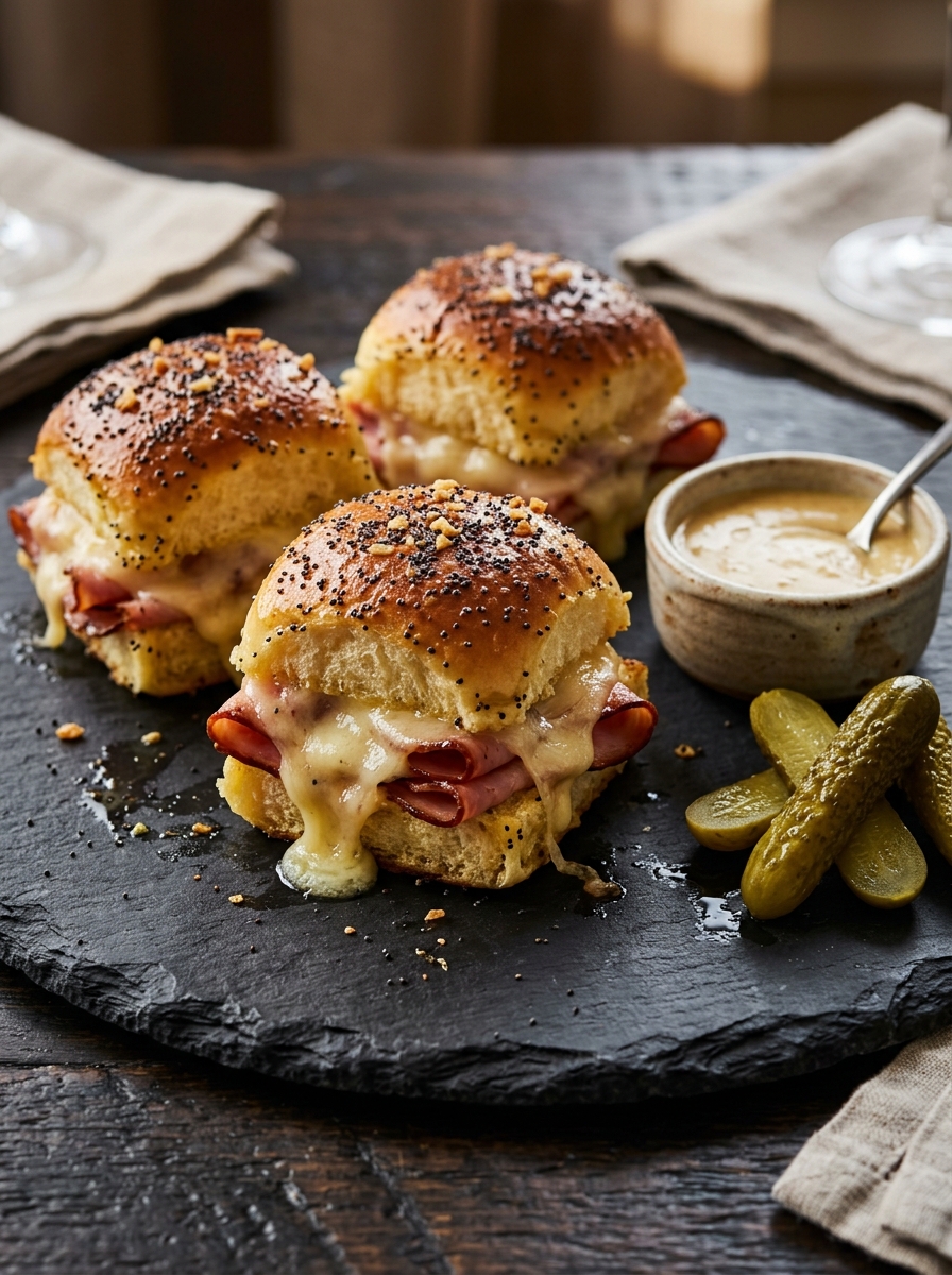Finished culinary presentation of baked ham and cheese sliders on slate board with dipping sauce and pickles