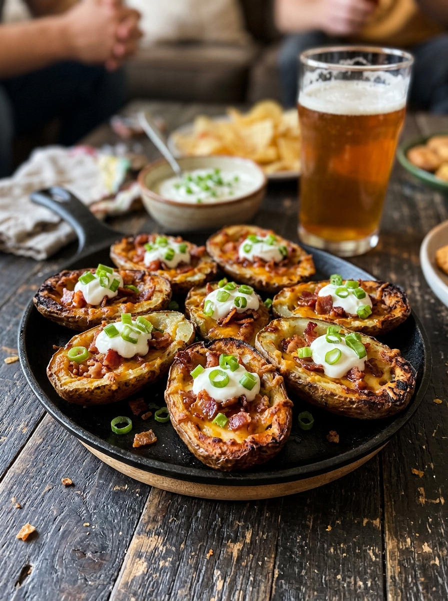 Platter of crispy loaded potato skins with sour cream, green onions, and cold craft beer on rustic table