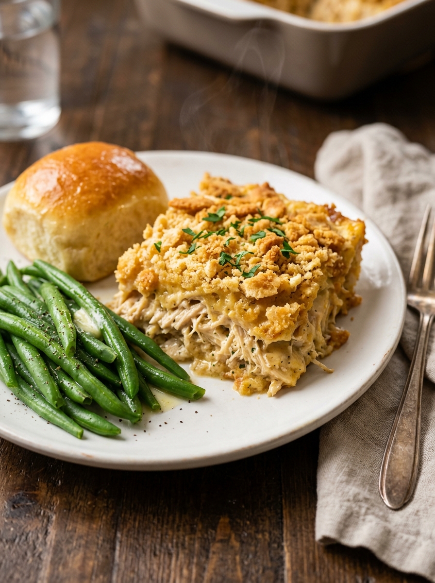 Plated square slice of million dollar chicken casserole with crispy green beans and a dinner roll on a dinner table