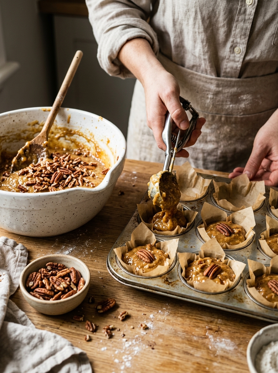 Warm pecan pie muffins stacked on a ceramic cake stand with hot coffee and maple syrup on a cozy brunch table