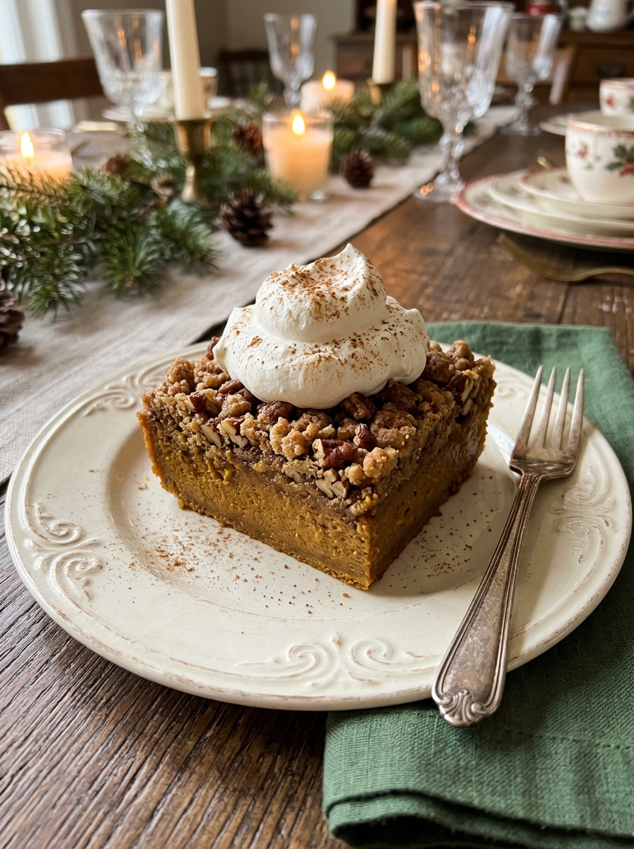 Square slice of Pumpkin Crunch Cake on dessert plate with vanilla whipped cream and cinnamon dusting