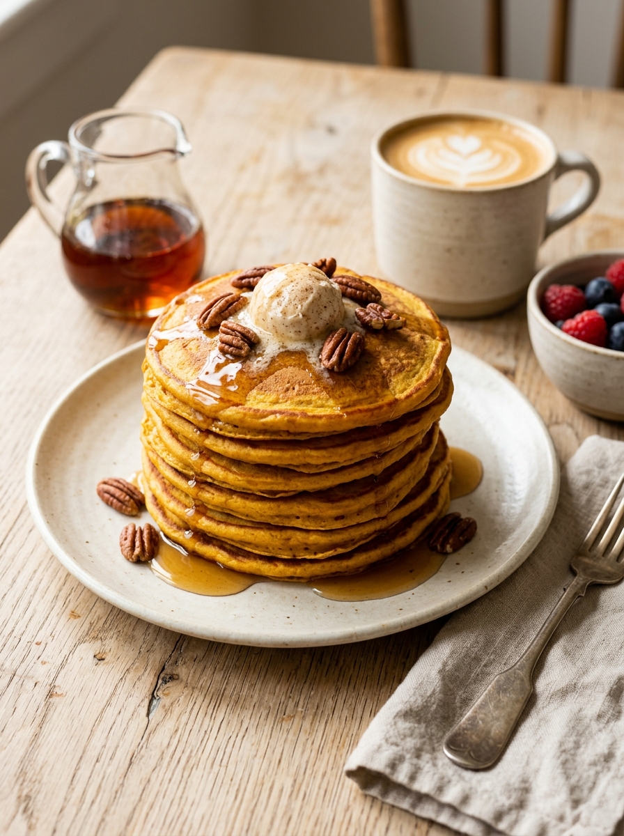 Tall stack of fluffy pumpkin pancakes with whipped cinnamon butter, pecans, and maple syrup on plate with coffee mug and berries