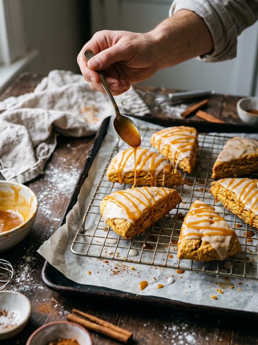 Finished culinary presentation of Bakery-Style Pumpkin Scones served with a hot latte on a cozy wooden table