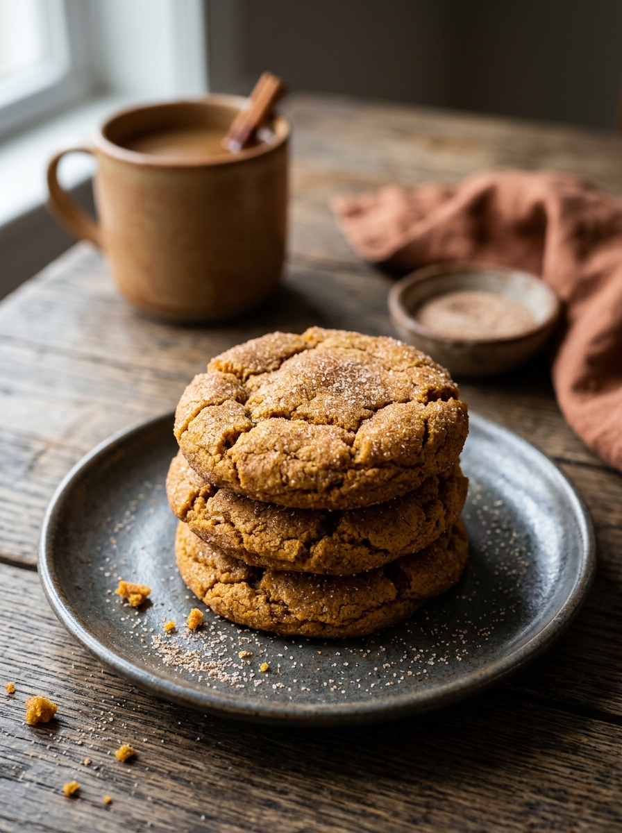 Stack of chewy brown butter pumpkin snickerdoodle cookies on rustic plate with mug of warm spiced cider