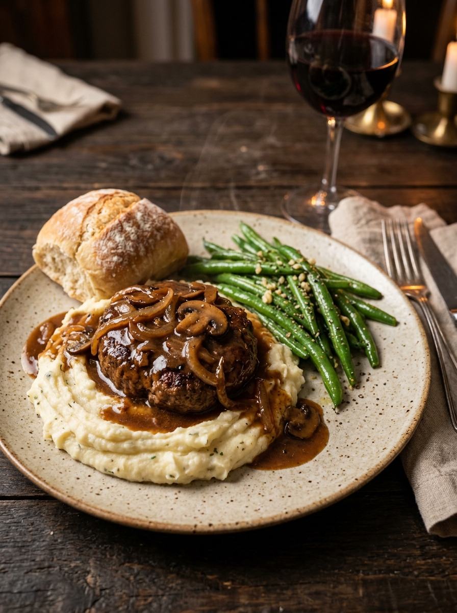 Tender Salisbury steak smothered in mushroom gravy over creamy mashed potatoes with green beans and dinner roll